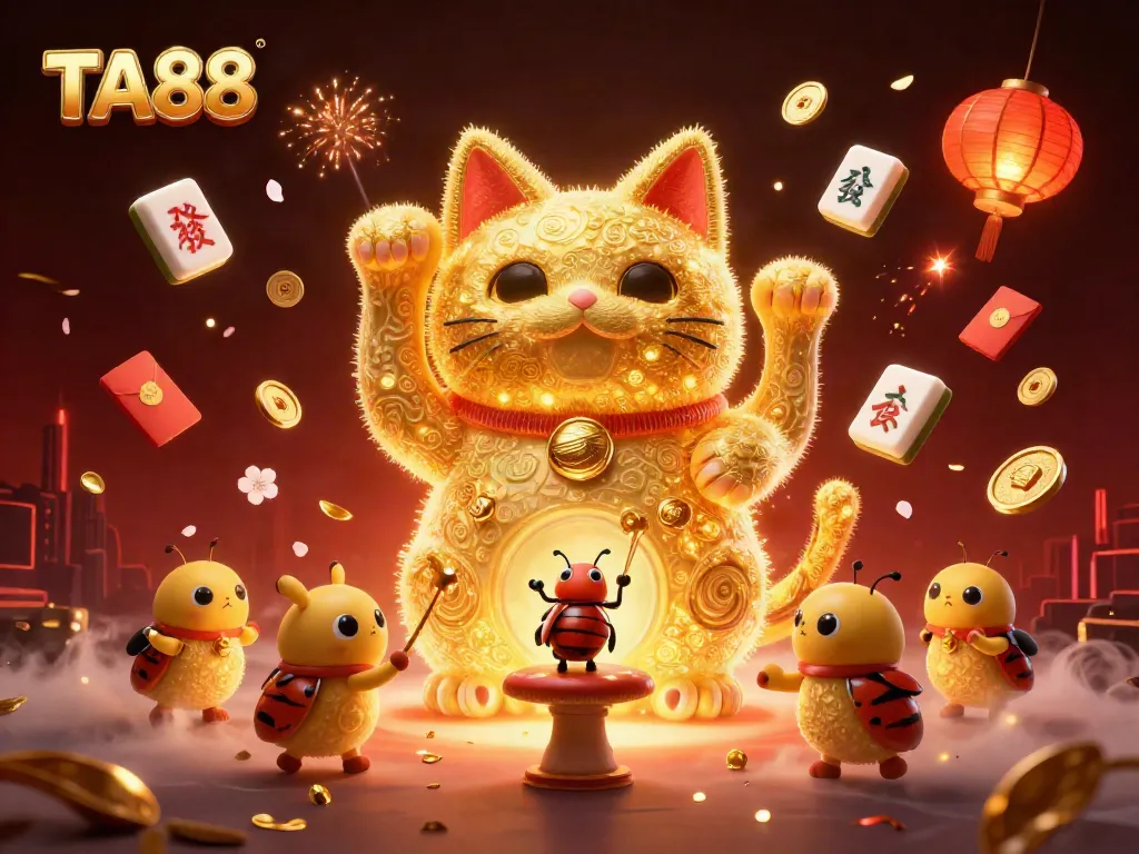 Engage with TA88's vibrant casino world featuring a lucky cat, fireflies, and dynamic gaming elements.