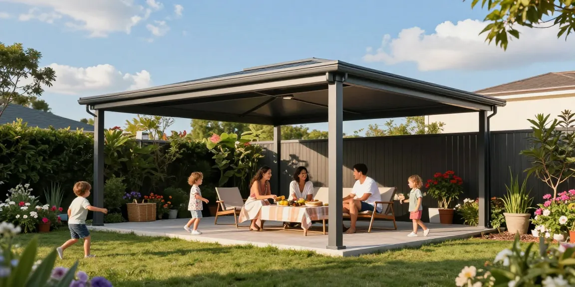Moderne Terrassenüberdachung freistehend mit Familie im Garten unter einem schattenspendenden Dach.