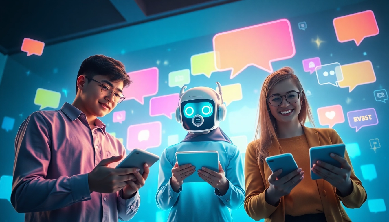Engaging scene of users interacting with juicy AI chatbots in a vibrant digital landscape.