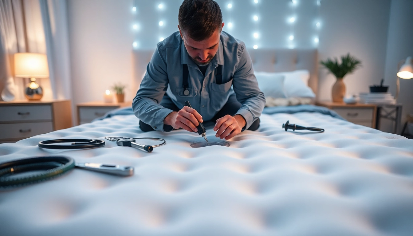 Wasserbett Reparatur durch einen Fachmann in einem modernen Schlafzimmer