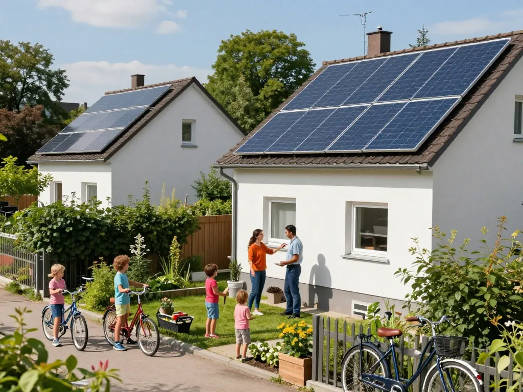 Solar Wien Häuser mit Solarpanels, die das Engagement der Gemeinschaft für umweltfreundliche Energielösungen zeigen.