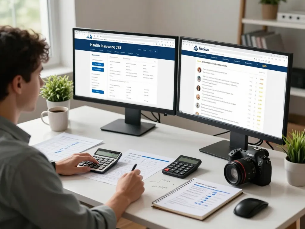 Versicherungspläne in einem modernen Homeoffice für den Versicherungsvergleich vergleichen.