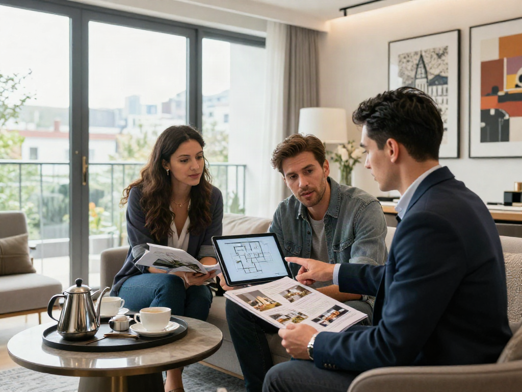 Bester Immobilienmakler Frankfurt berät ein Paar zu modernen Immobilien in einem stilvollen Büro.