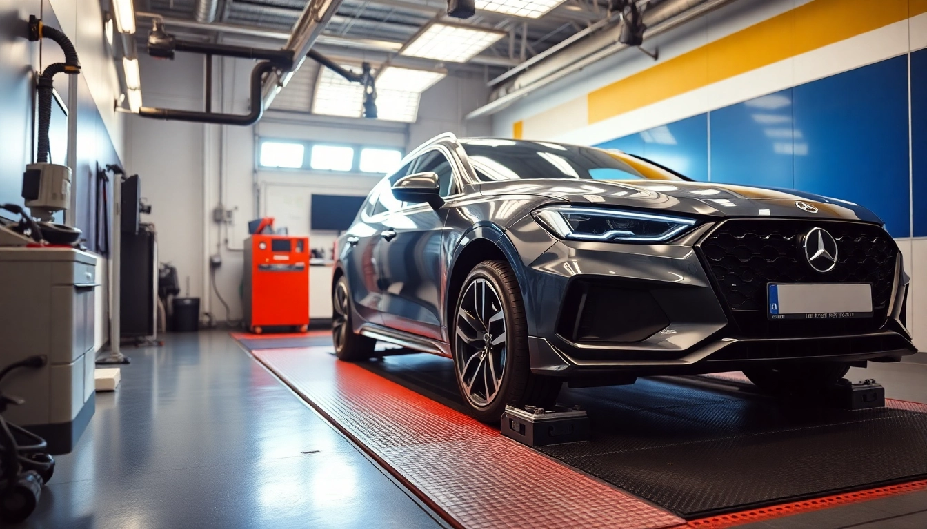 Kfz Gutachter Köln bewertet ein Fahrzeug in einem modernen Prüfraum mit professioneller Ausrüstung.