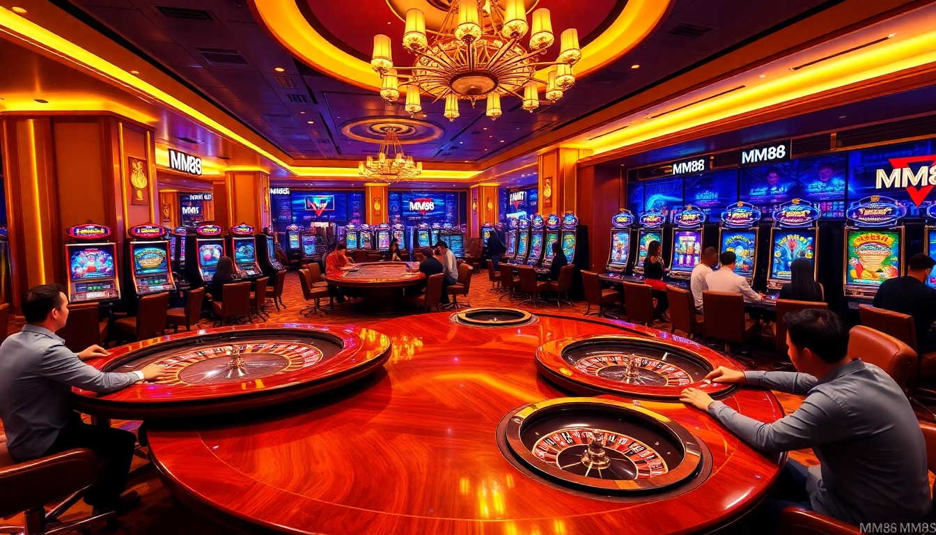 MM88 players engaging in thrilling casino gameplay at luxurious tables.