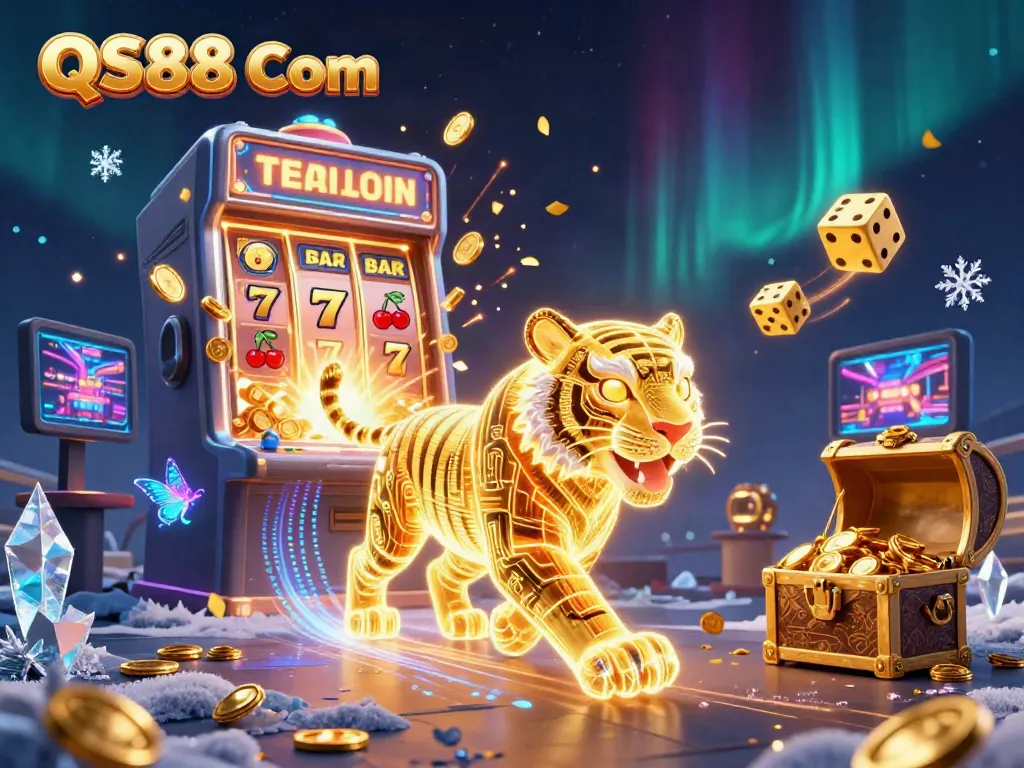 Pulling in riches at QS88 Com with a neon tiger across a vibrant digital casino scene.