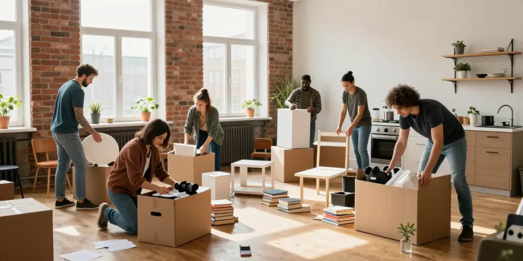 Professionelles Team bei der Wohnungsauflösung Berlin Kreuzberg mit einem modernen Ambiente und vielfältigen Wohnungsgegenständen.