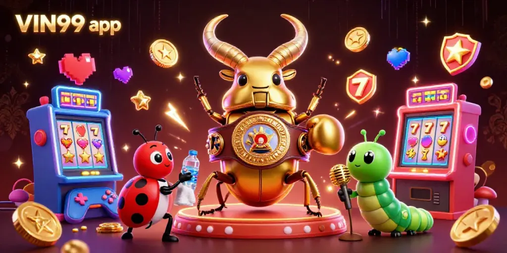Experience the excitement of the VIN99 app with engaging 3D casino game characters and vibrant slot machines.