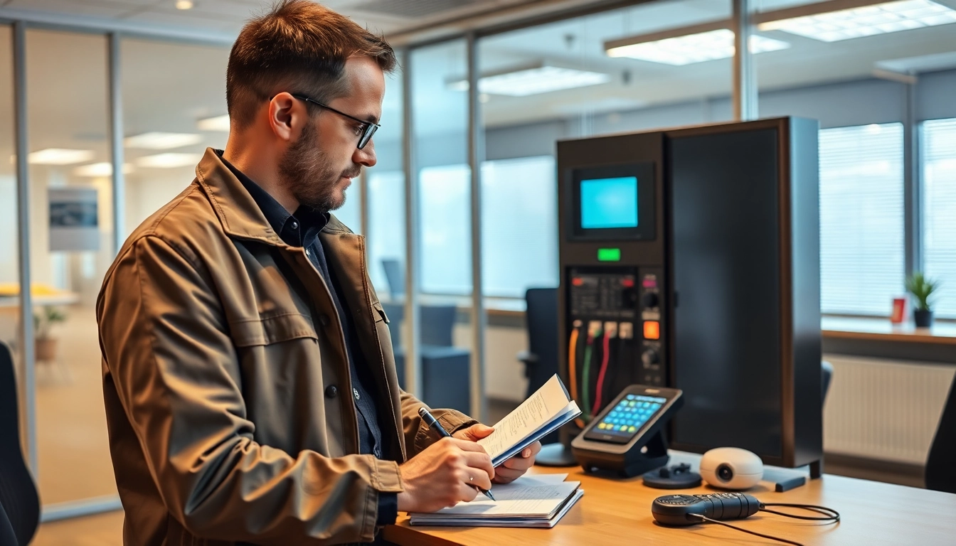 Techniker bei der DGUV V3 Prüfung elektrischer Geräte im modernen Büro, fokussiert auf Sicherheit und Effizienz.
