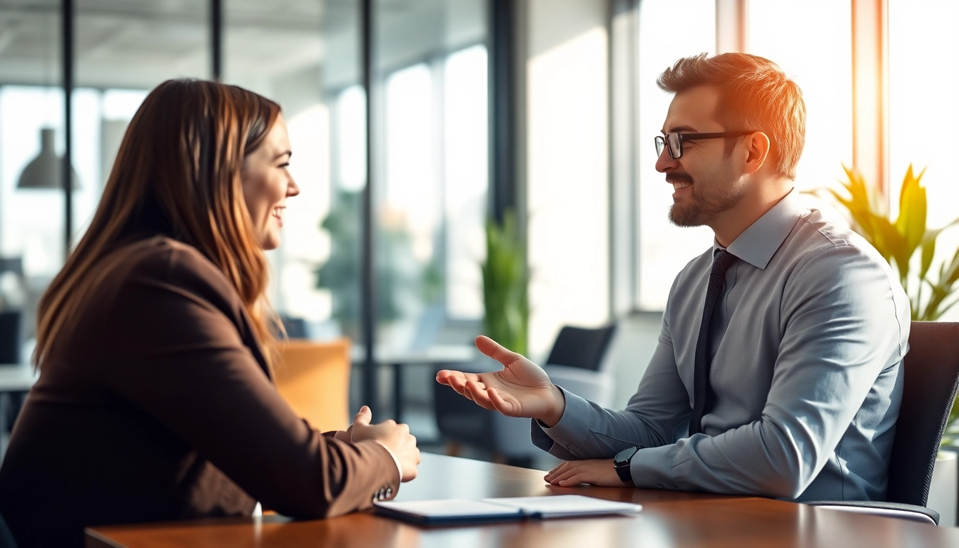 Headhunter interviewt einen Kandidaten in einem modernen Büro, betont Professionalität und Vertrauen.