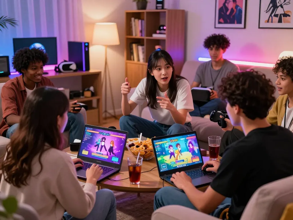 Friends enjoying engaging porn game online in a cozy living room setting with gaming devices.
