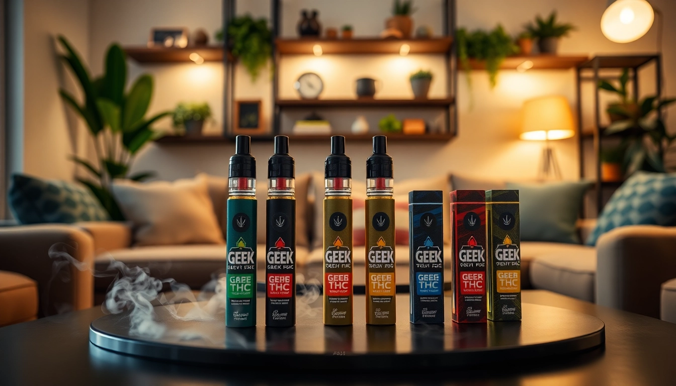 Showcase of GEEK THC disposable vapes in a relaxed modern setting with flavors and stylish decor.
