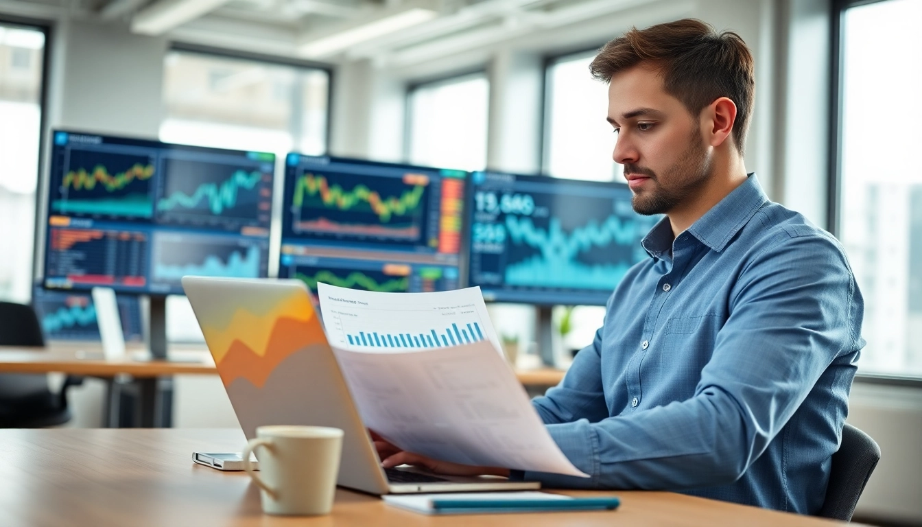 Finanzanalyse durch einen Profi in moderner Büroumgebung mit Grafiken und Daten.