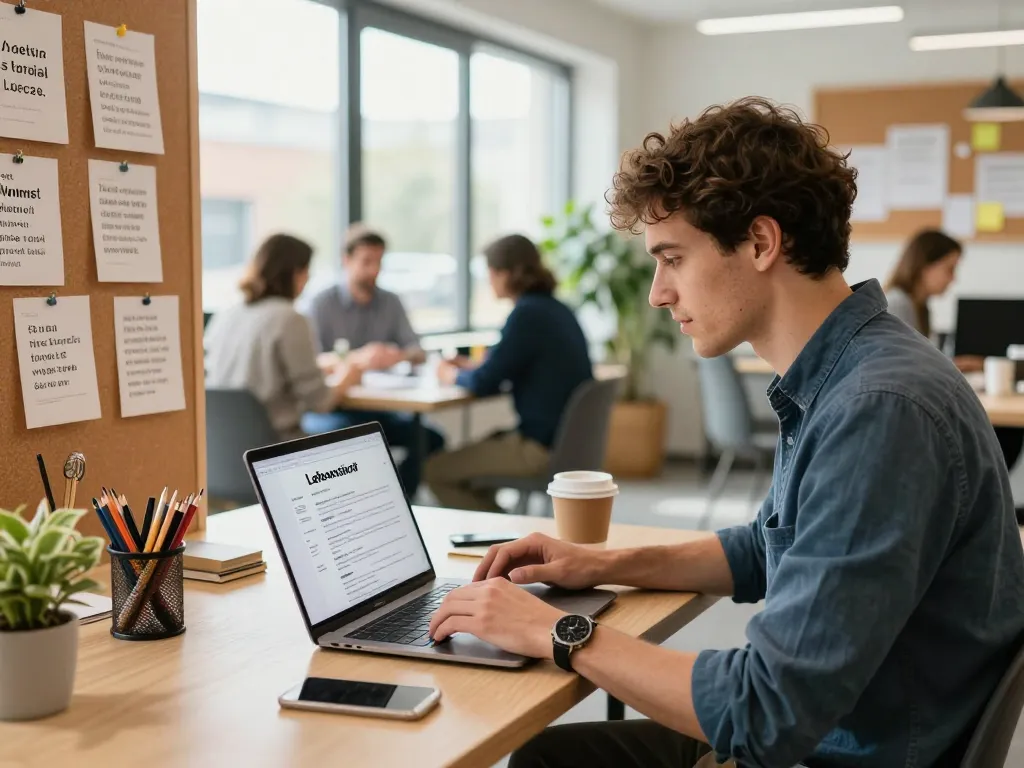 Erstellung einer professionellen Lebenslauf Vorlage in einem hellen Co-Working-Space mit fokussiertem Jobsuchenden.
