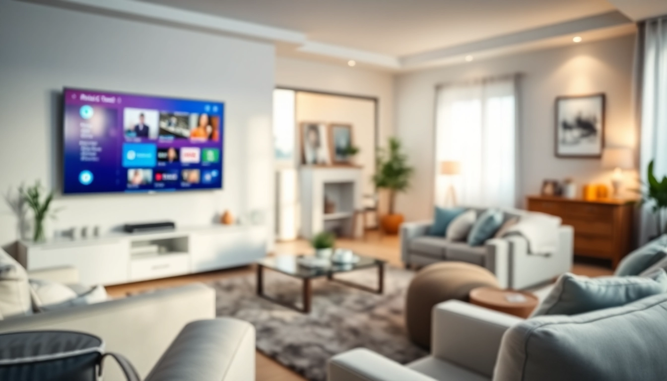 IPTV-Dienst auf einem modernen Smart-TV in einem gemütlichen Wohnzimmer präsentieren.