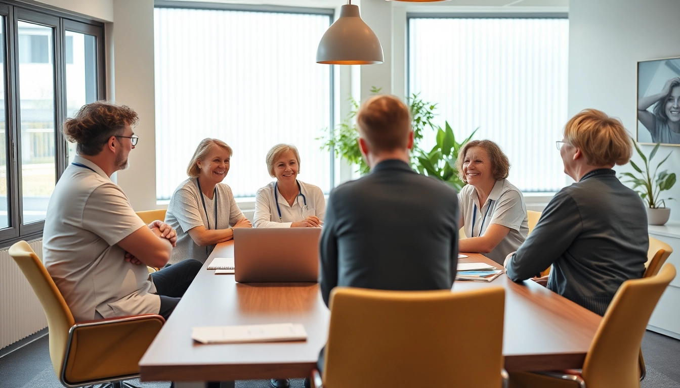 Team von Pflegefachkräften entwickelt kreative werbung pflegedienst Strategien in einem modernen Büro.