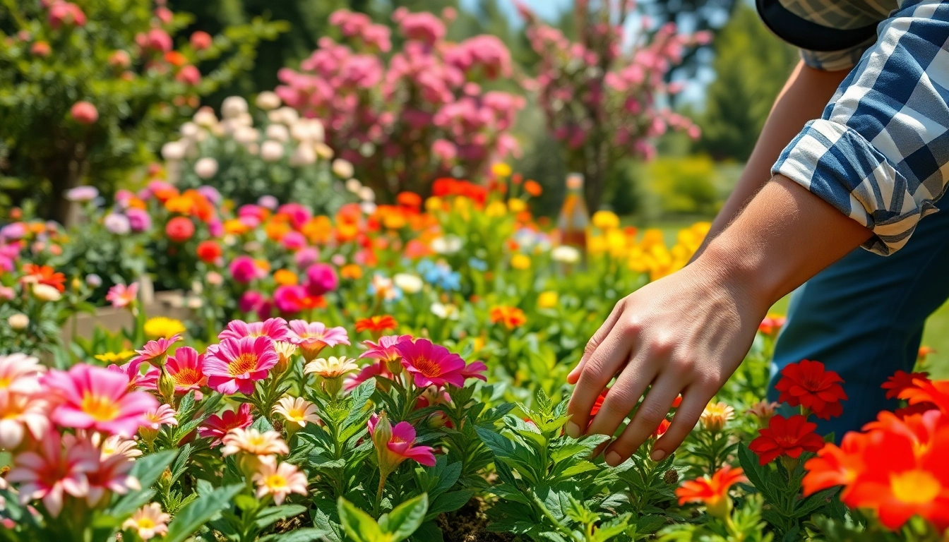 Gartenbauer pflegt blühenden Garten voller Farben und Pflanzen.