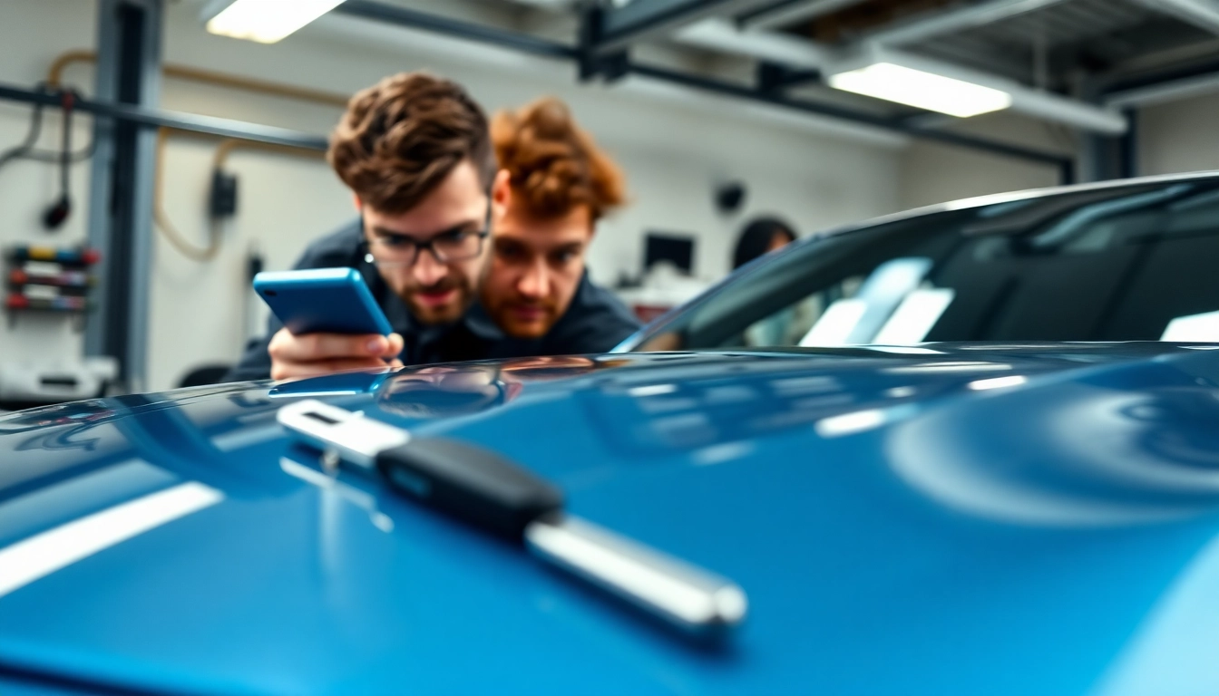BMW Codierer bei der Arbeit an einem modernen Luxusfahrzeug in einer hochwertigen Garage.