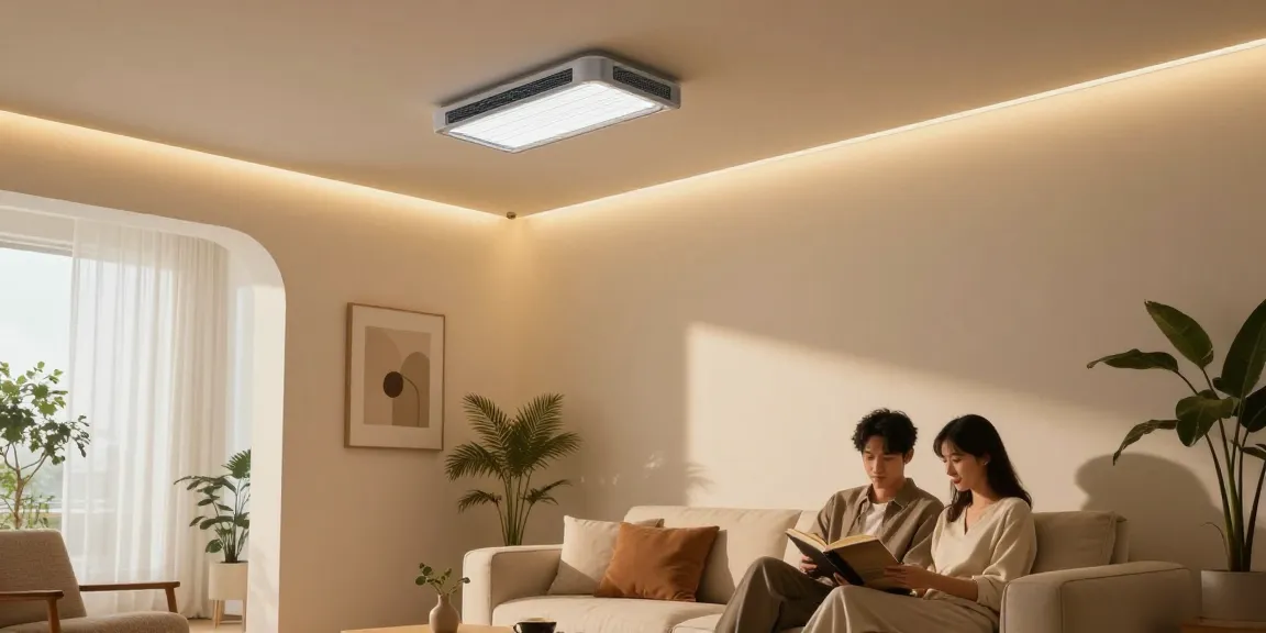 Elegantes Wohnzimmer mit einer Infrarot Deckenheizung, die effiziente Heizung mit stilvoller LED-Beleuchtung kombiniert.