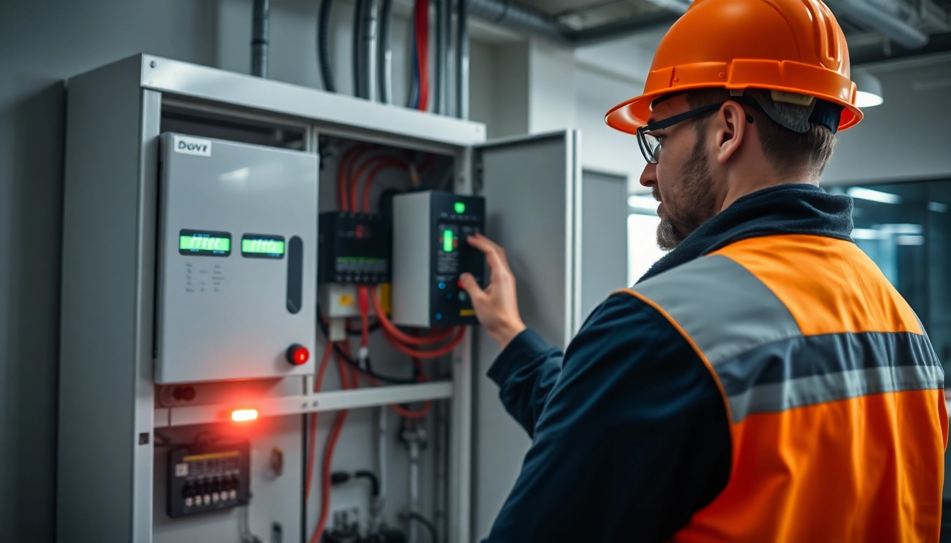 Techniker führt eine DGUV V3 Prüfung an elektrischen Geräten in einem modernen Büro durch.