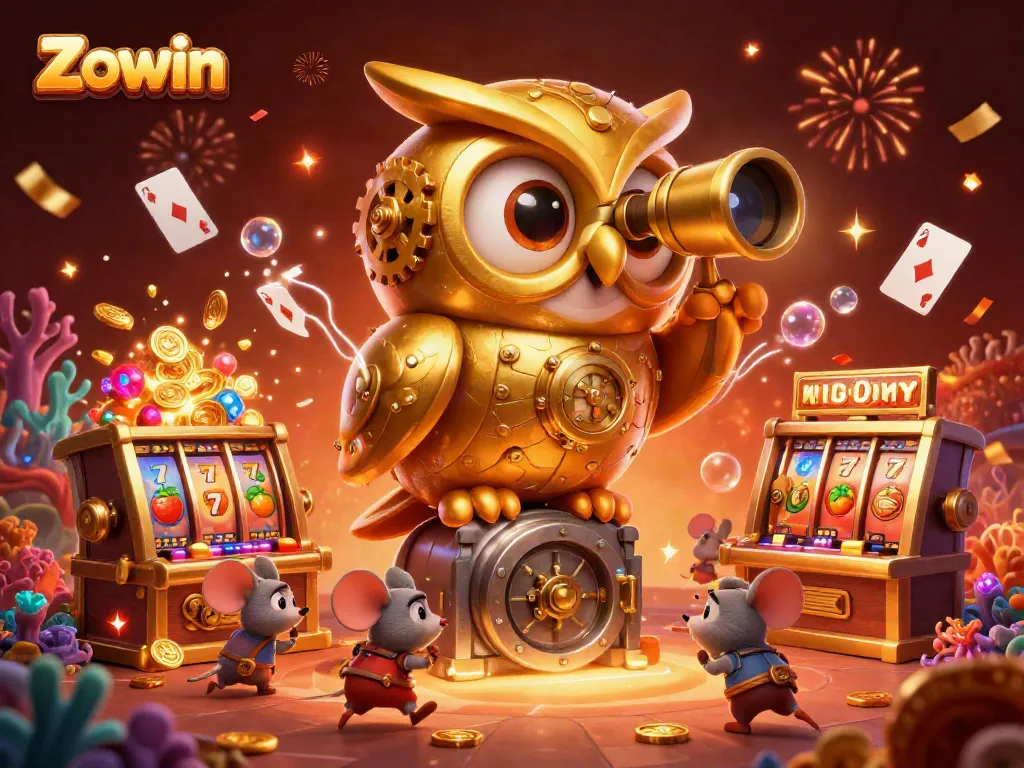 Zowin's captivating clockwork owl oversees the vibrant casino floor filled with slot machines and game elements.