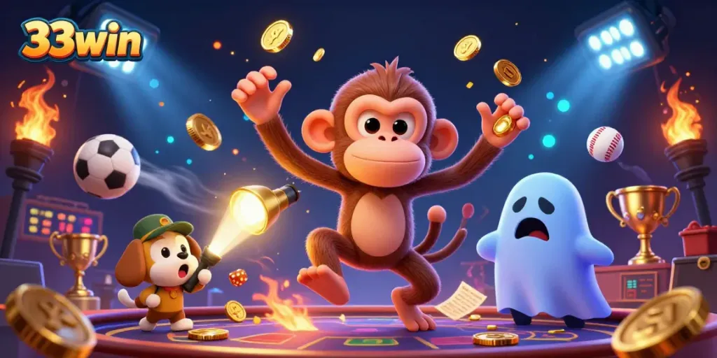 33win offers thrilling gambling experiences in a haunted casino with poltergeist monkey juggling golden objects.