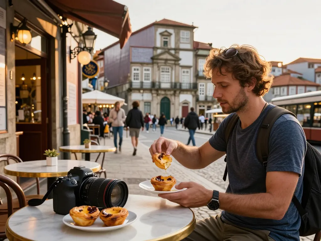 Reisetipps Porto: Lokale Reisende genießen pastéis de nata in lebhaften Straßen mit historischer Architektur im Hintergrund.