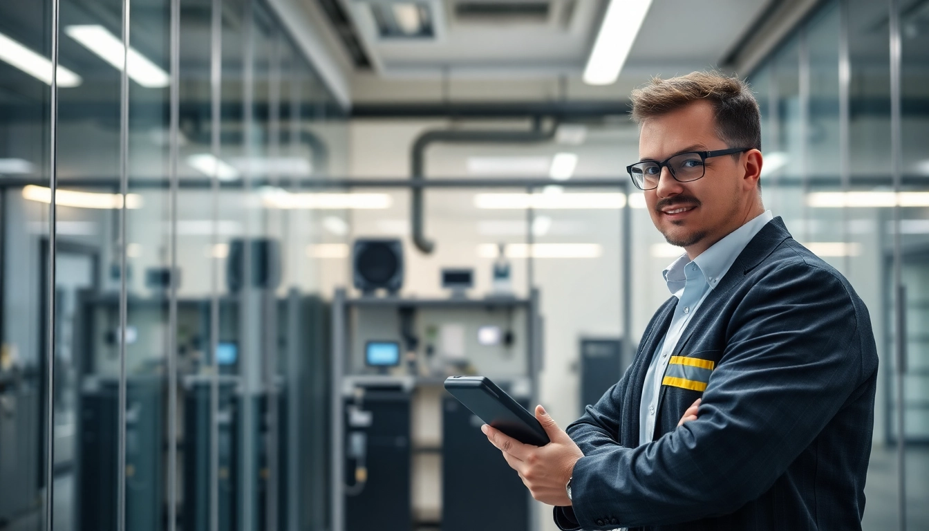 Prüfer führt DGUV V3 Prüfung sicher an elektrischen Geräten im modernen Büro durch.