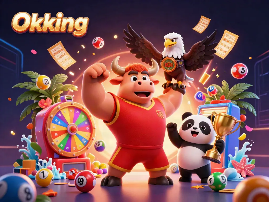 Experience exhilarating gaming with Okking's vibrant 3D casino scene featuring a bull mascot, eagle champion, and joyful panda.