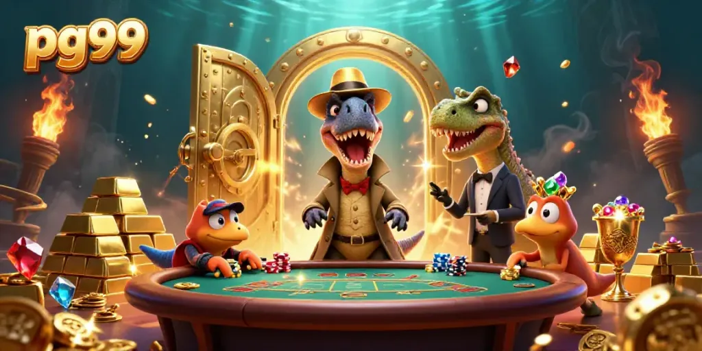 Experience thrilling gaming at pg99 with vibrant 3D illustration of a velociraptor card counter, golden treasures, and casino excitement.