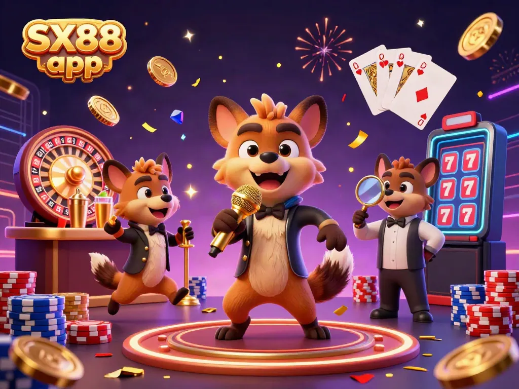 Experience the excitement of the SX88 app with lively characters in a vibrant casino setting.