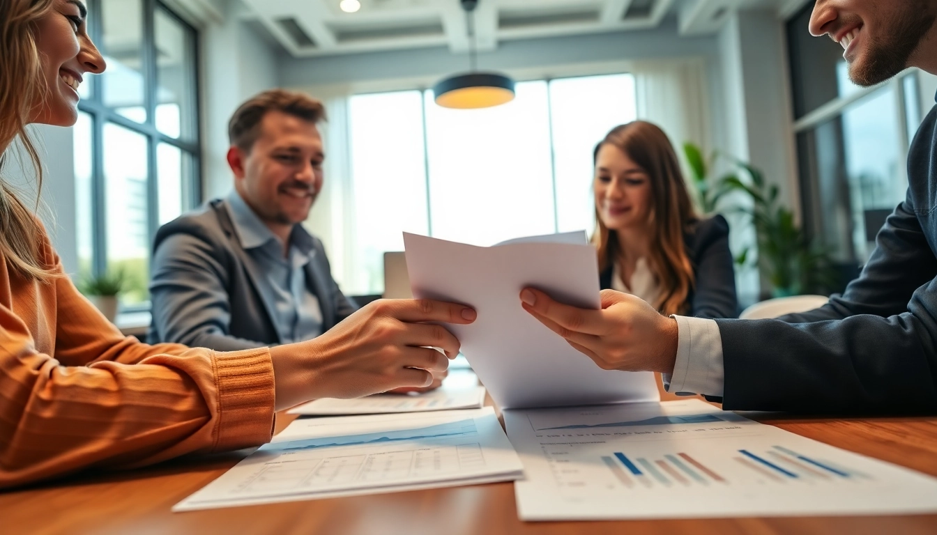 Kreditvergleich in einem modernen Büro, bei dem ein Finanzberater gemeinsam mit Klienten Optionen prüft.