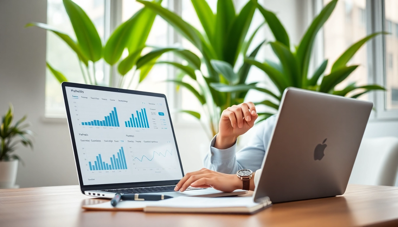 Online Marketing Analyse mit Marketer in hellem Büro, Charts und Grafiken am Laptop.