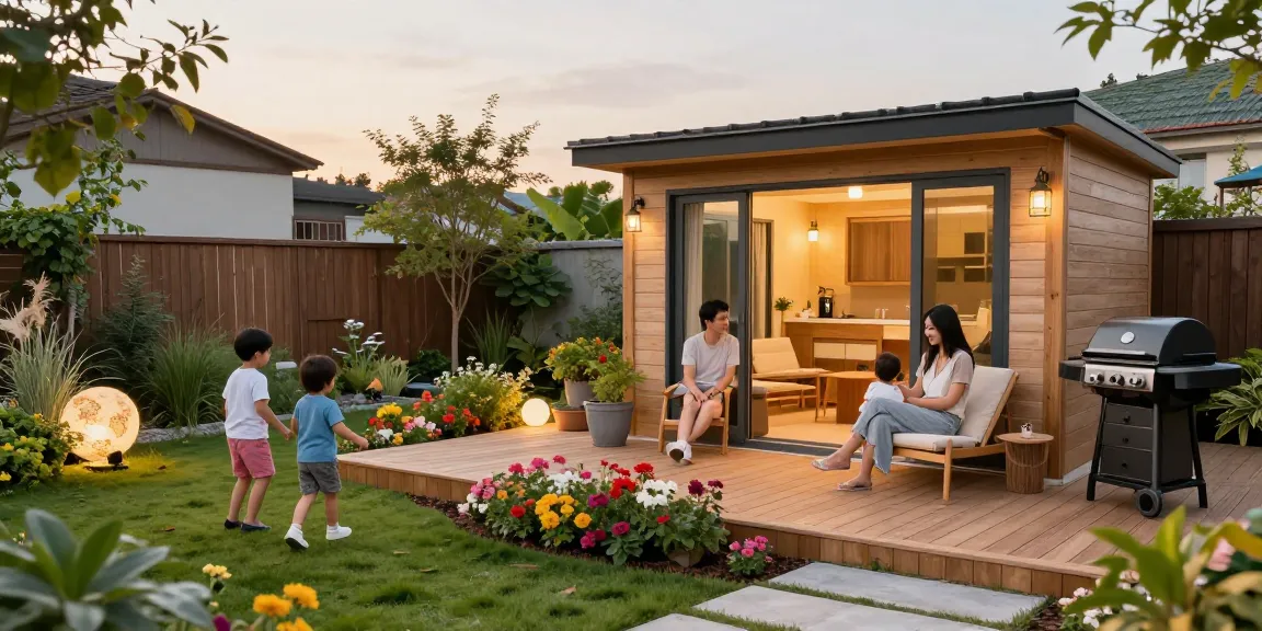 Familie genießt ihr neues Gartenhaus in einem schön gestalteten Garten.