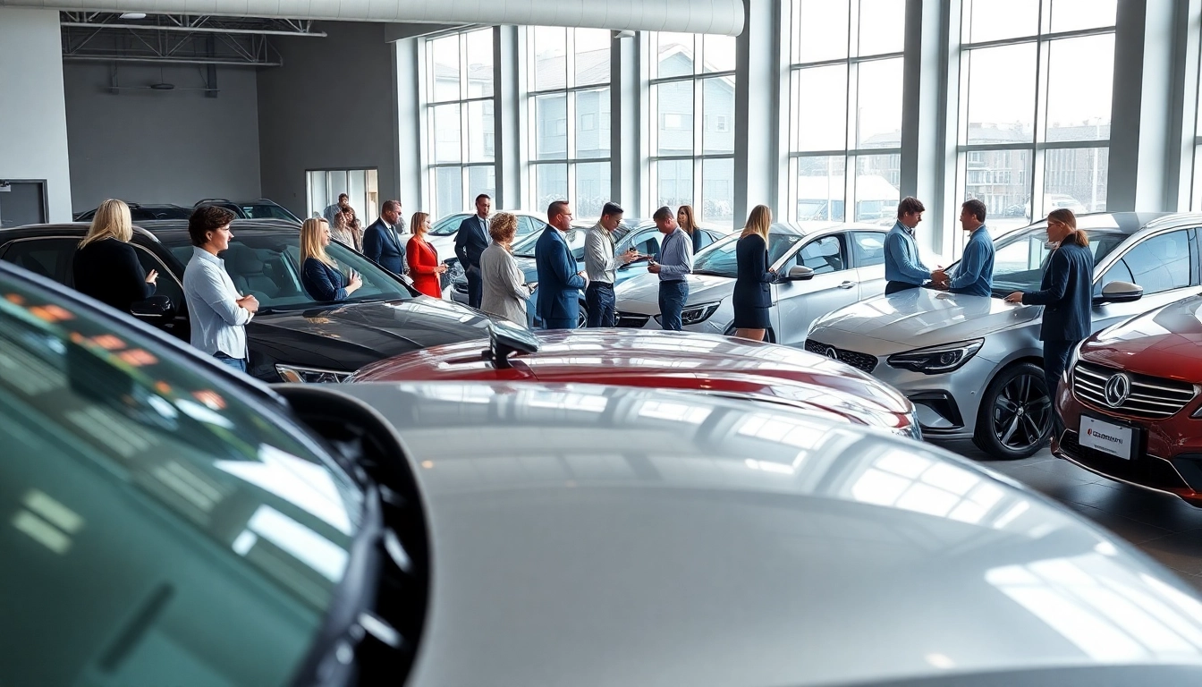 Auto kaufen: Beratungsgespräch in einem modernen Autohaus mit verschiedenen Fahrzeugen.