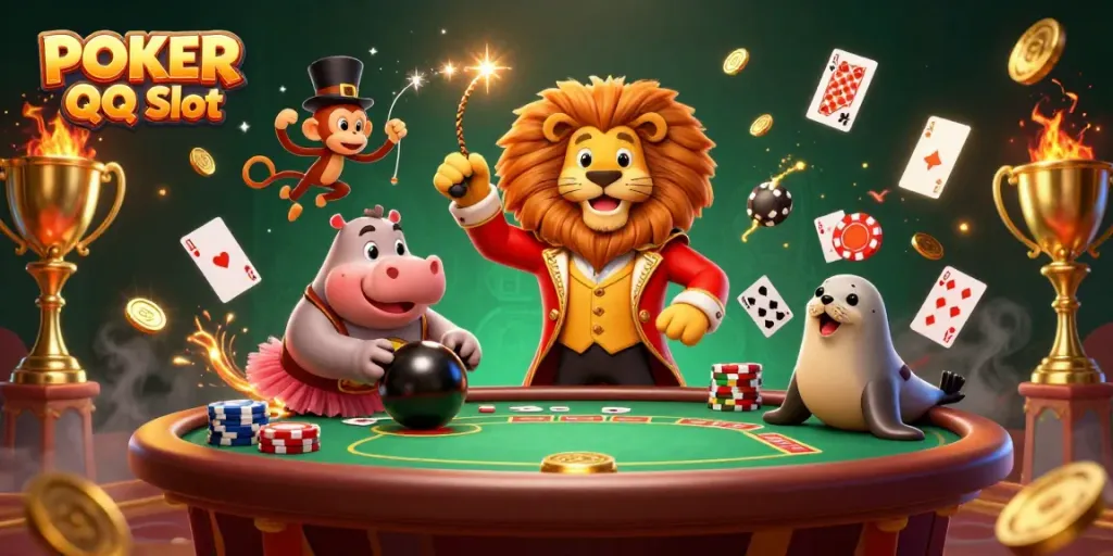 Engage in thrilling poker action with POKER QQ Slot featuring vibrant characters and dynamic elements.