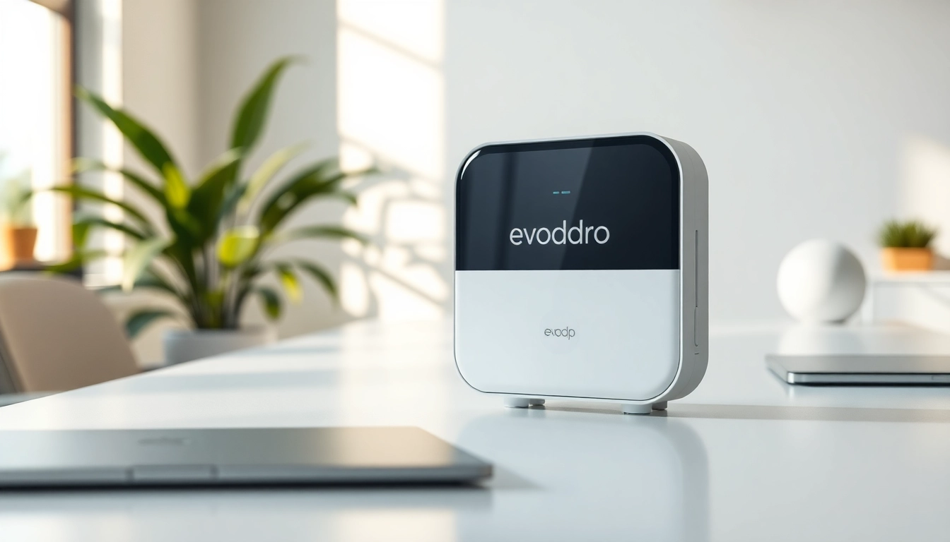 Entdecken Sie evodrop, ein modernes elektronisches Gerät, in einer minimalistischen Büroumgebung.