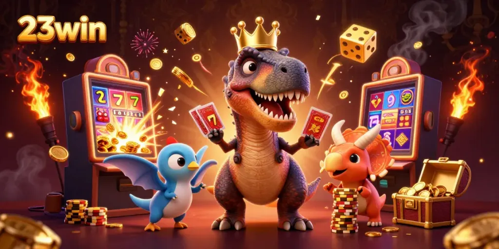 Experience thrilling gameplay with 23win as a T-Rex shuffles cards in this lively casino scene.