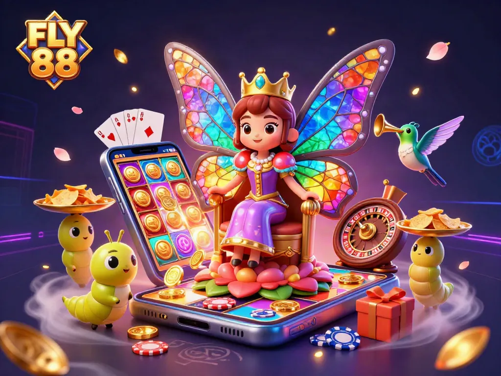 Play engaging casino games with FLY 88's vibrant illustration of a colorful online casino world.