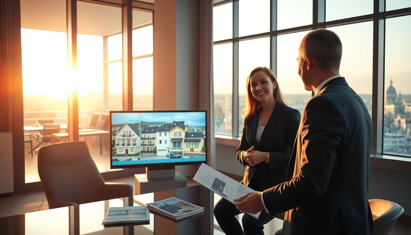 Immobilienmakler Frankfurt Ginnheim bespricht mit Kunden Immobilienangebote in einem modernen Büro.