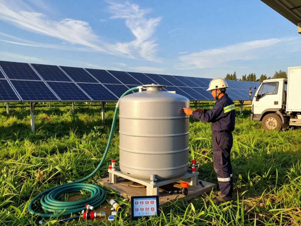 Löschwasserzisterne für Solarpark-Installationsszene mit einem Techniker, der einen Löschwassertank auf einem Solarinstallationsstandort untersucht.