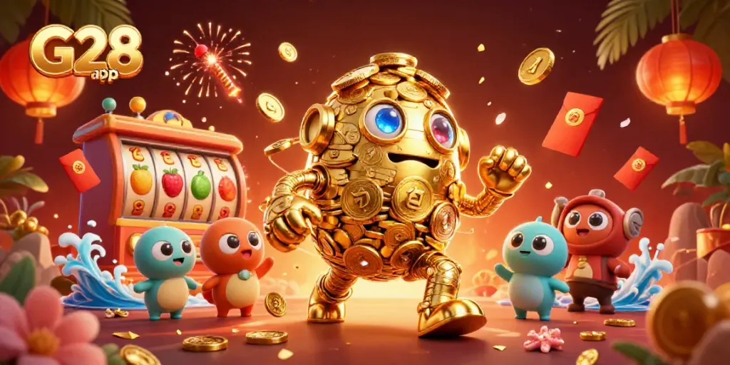 Spin the G28 app for a vibrant gaming experience with a dazzling golden golem and slot machine icons.