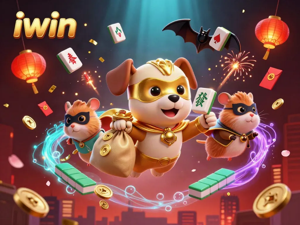 The energetic IWIN illustration showcases a superhero dog in flight, celebrating the excitement of casino gaming.