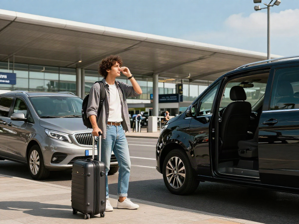 Flughafentransfer Frankfurt: Reisender mit Gepäck wartet auf luxuriösen Shuttle-Service am Flughafen.