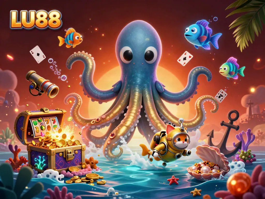 Dynamic action scene featuring LU88 elements with a golden kraken, diving cat, and colorful casino items in a treasure-filled ocean.