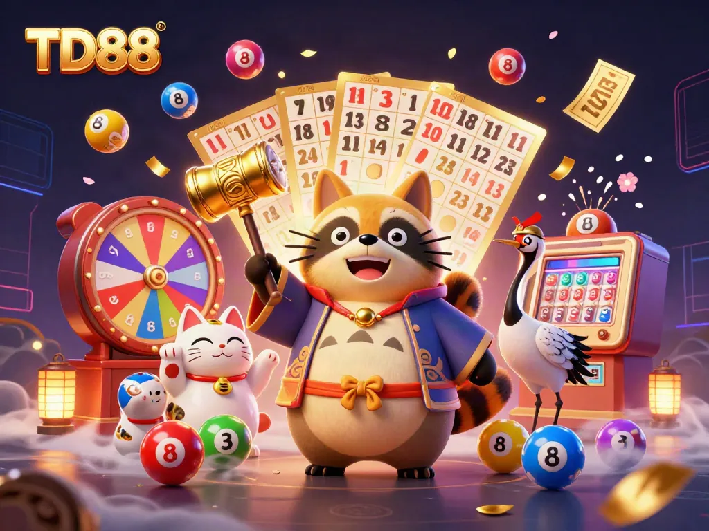 Engage in the vibrant TD88 slot experience with lucky tanuki and colorful prizes.