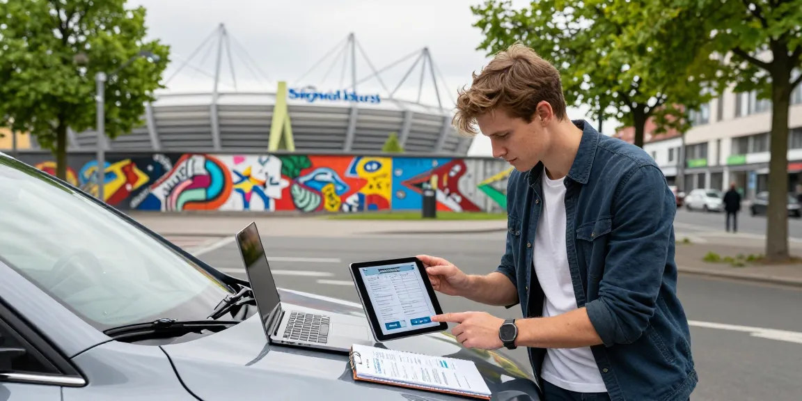 Vergleich von Autoversicherungen Dortmund auf einem Tablet mit modernem Stadtbild im Hintergrund.