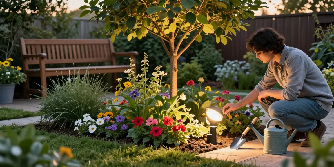 Helligkeit beleuchteter Garten, der die Gartenstrahler zeigt, die lebendige Blumenbeete für eine verbesserte Außenästhetik illuminieren.