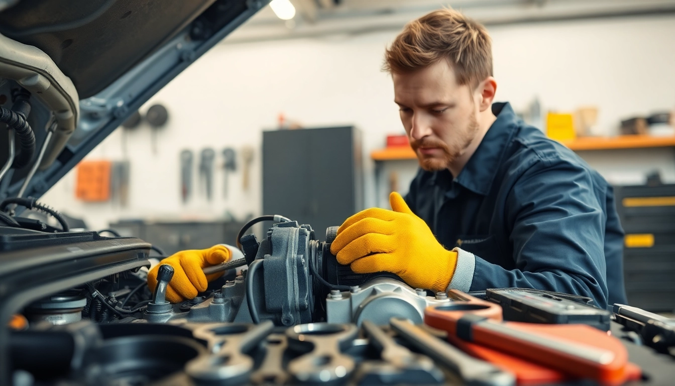 Auto mit Motorschaden verkaufen unter professioneller Inspektion eines Motors im Werkstattumfeld.