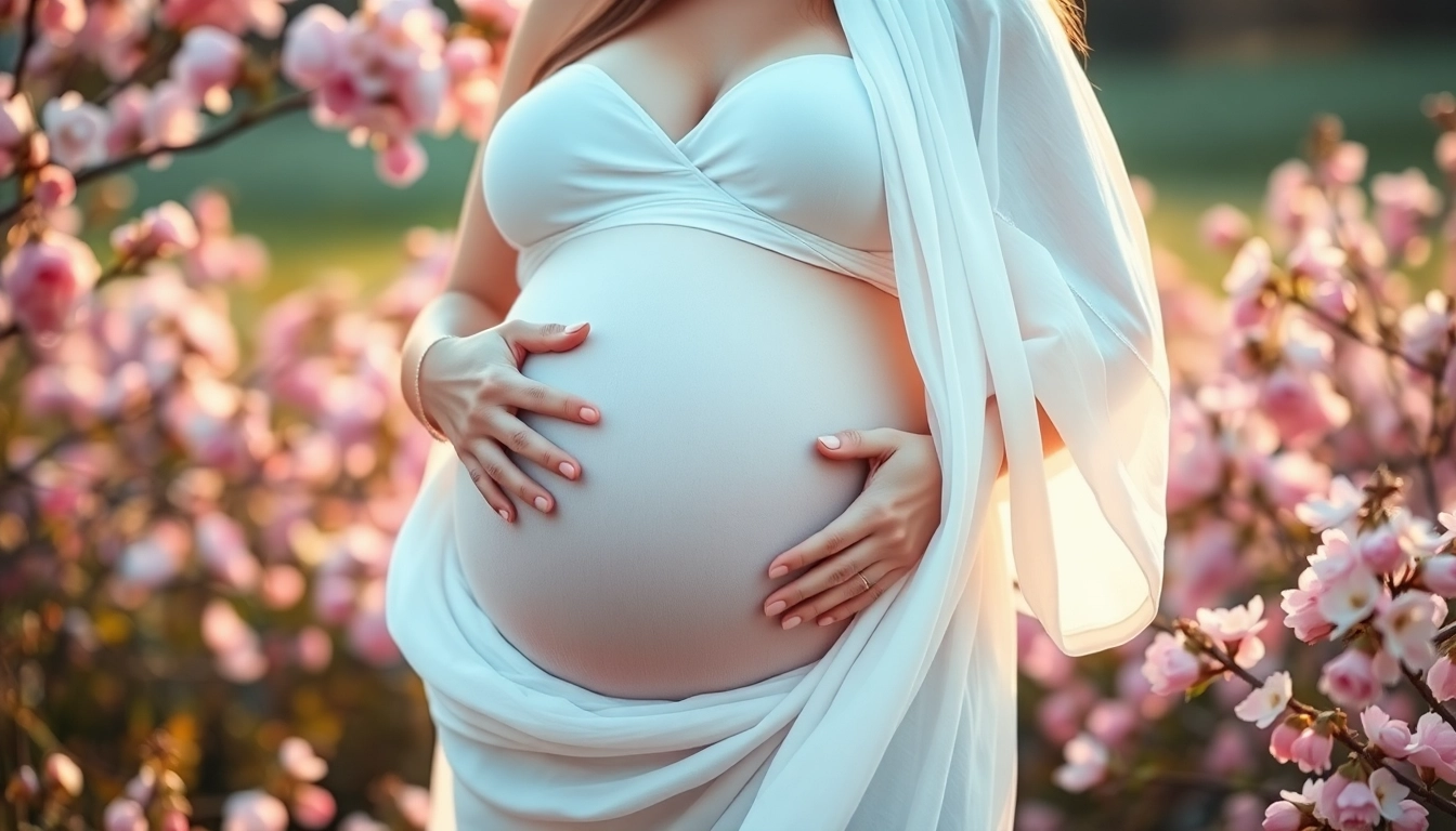 Babybauch Shooting München: Schwangere Frau in blühender Natur während einem Fotoshooting.
